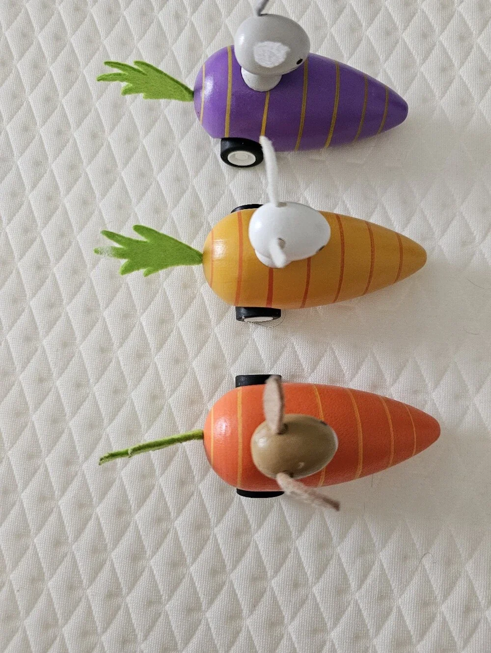 3 Wooden Bunny Carrot Pull Back Racers Easter Spring Toy Decor Set Tested Works